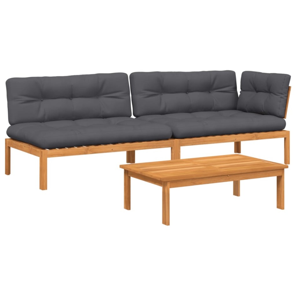 Set de sofás de palets de jardín y cojines 3 pzas madera