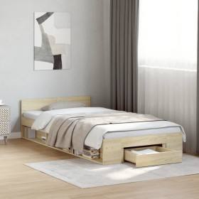 Cama con cajón madera ingeniería roble Sonoma 90x200