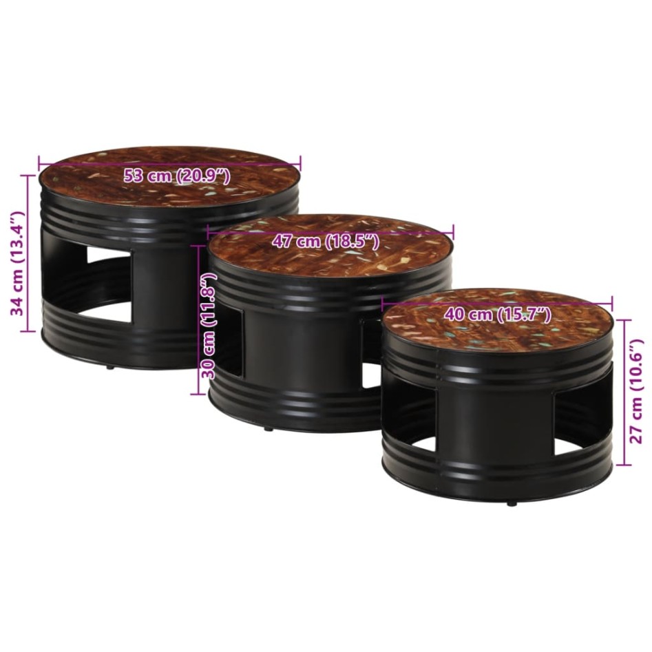 Mesas altas de bar forma tambor 3 uds madera maciza