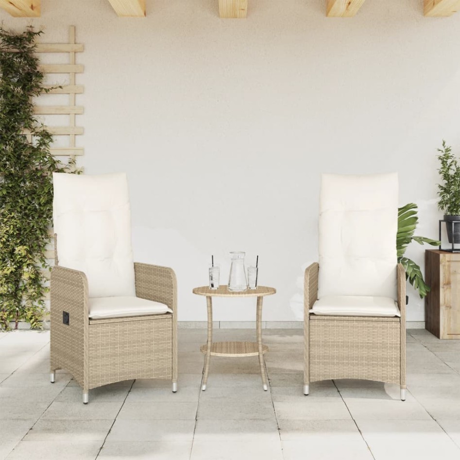 Sillones reclinables de jardín con cojines beige 2 uds ratán