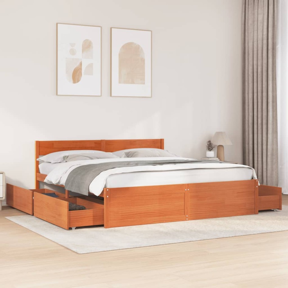 Cama sin colchón madera maciza de pino marrón cera 180x200