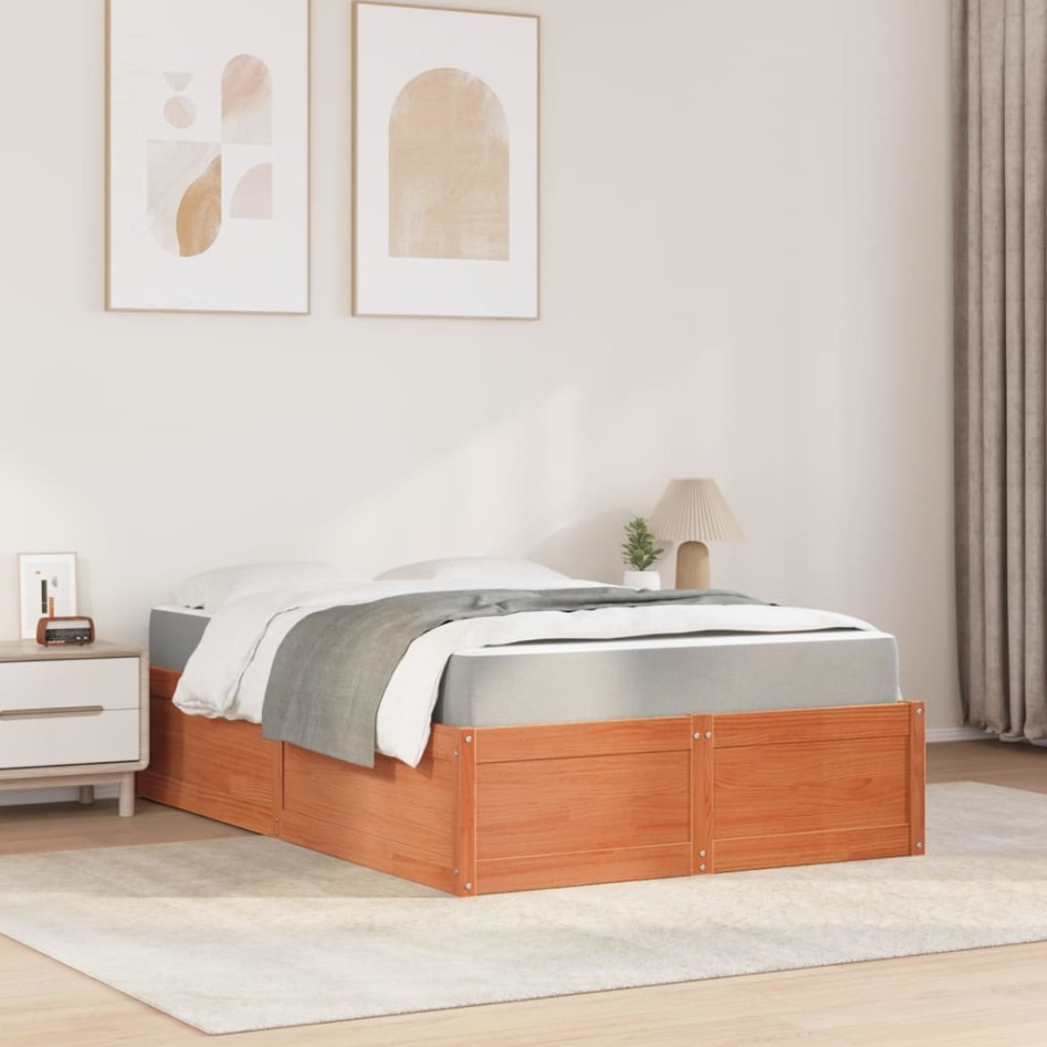 Cama con colchón madera maciza de pino marrón cera 140x190