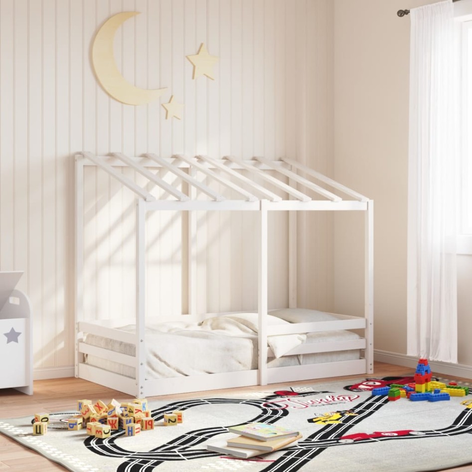 Cama infantil con techo madera maciza pino blanco 70x140