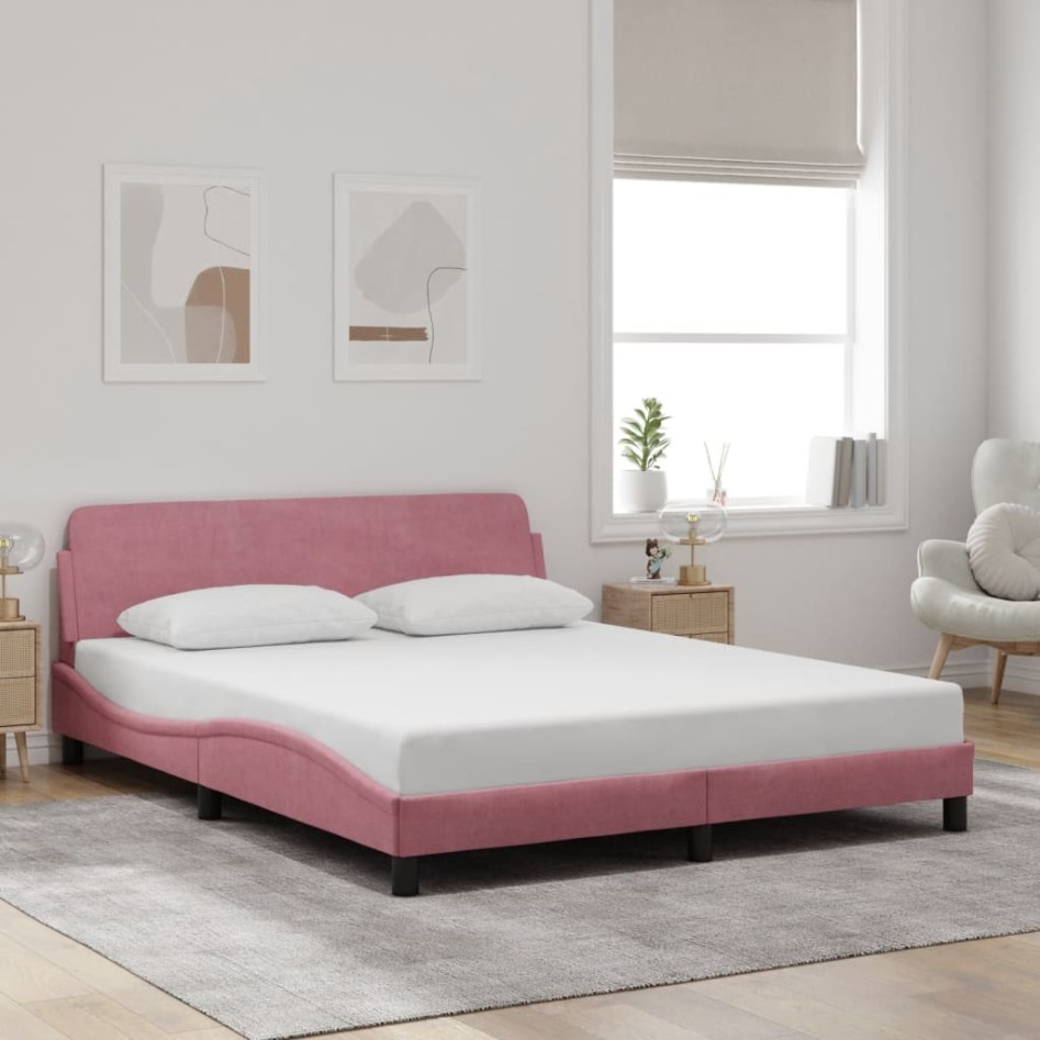 Cama con cabecero sin colchón terciopelo rosa 160x200