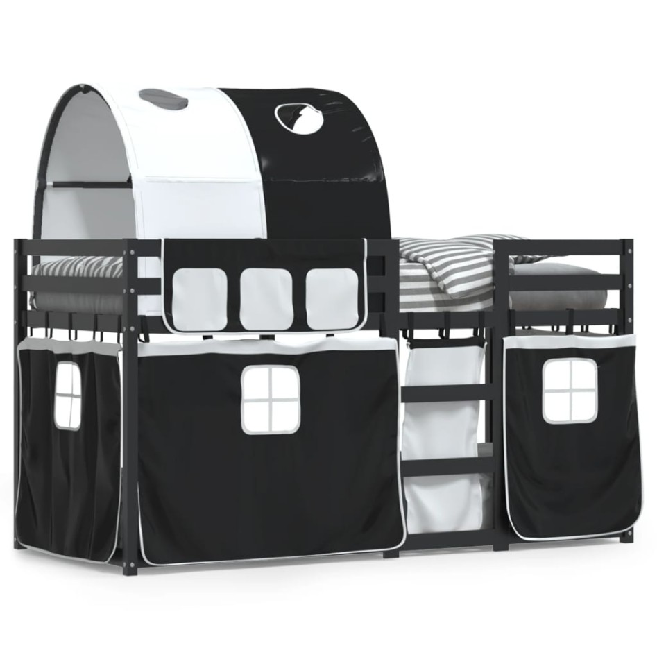 Litera con cortinas madera maciza pino blanco y negro 90x200