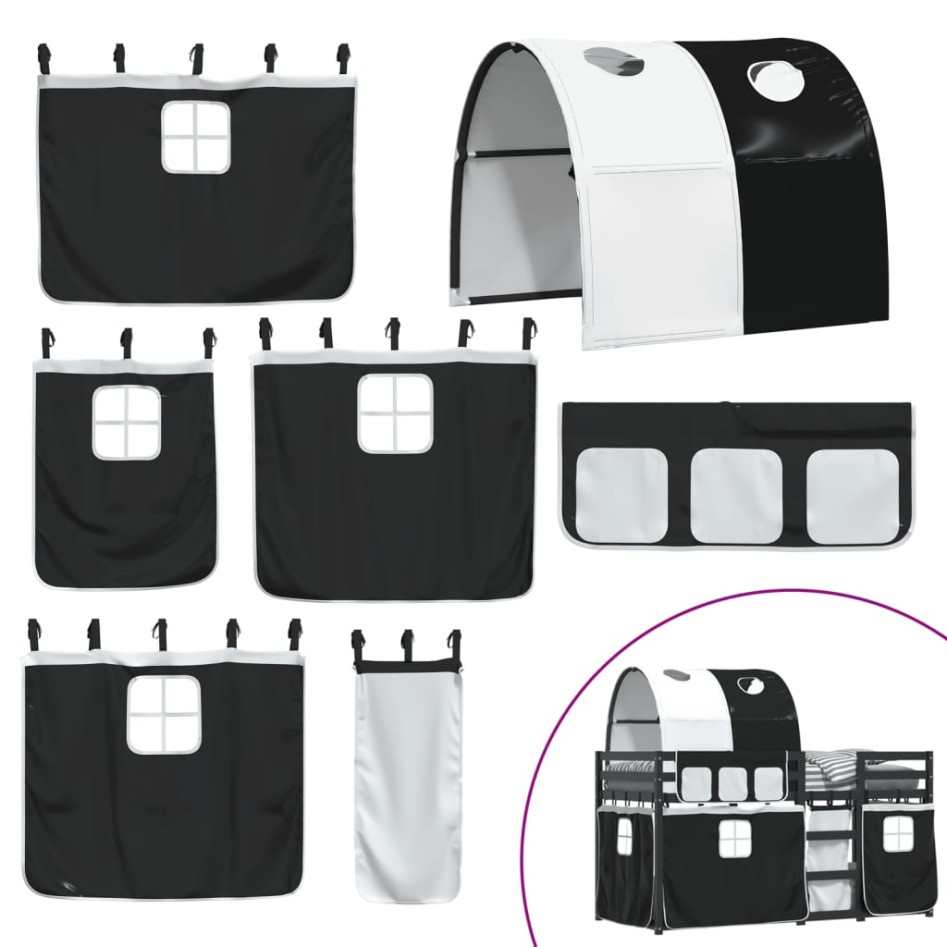 Litera con cortinas madera maciza pino blanco y negro 90x200