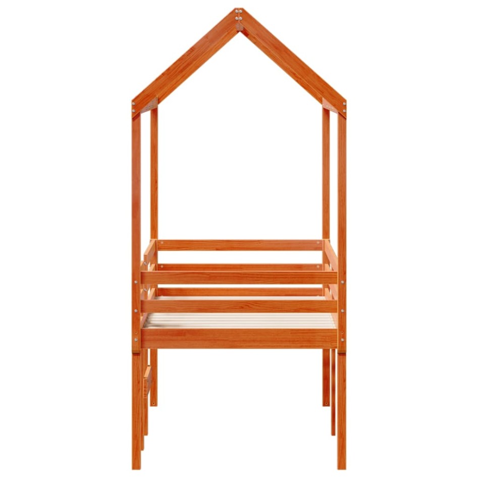 Cama alta con techo madera maciza de pino marrón cera 80x200