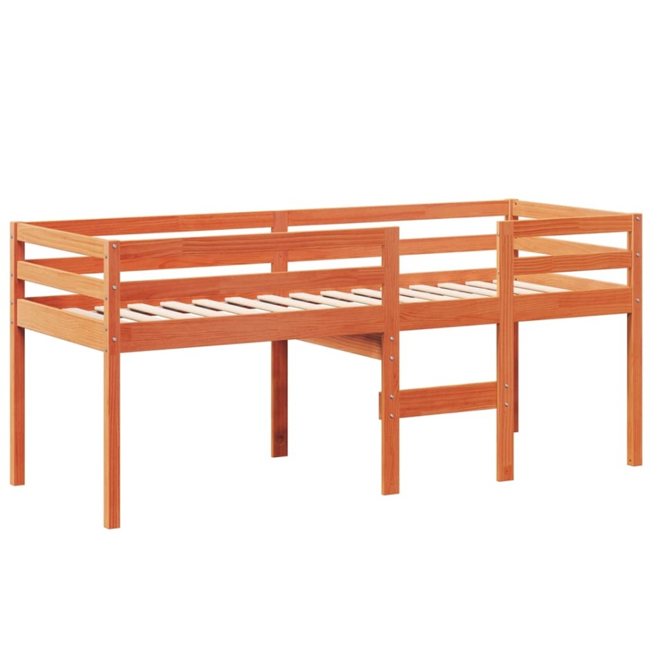 Cama alta con techo madera maciza de pino marrón cera 90x190