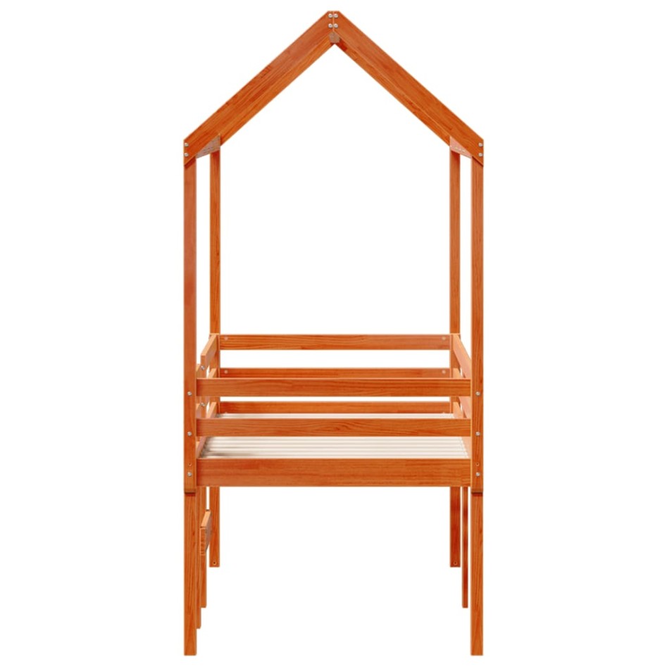 Cama alta con techo madera maciza de pino marrón cera 90x190