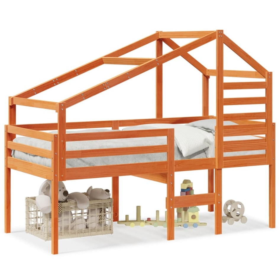 Cama alta con techo madera maciza de pino marrón cera 80x200