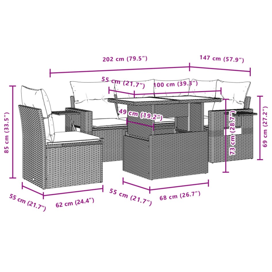 Set sofás de jardín 6 piezas y cojines ratán sintético