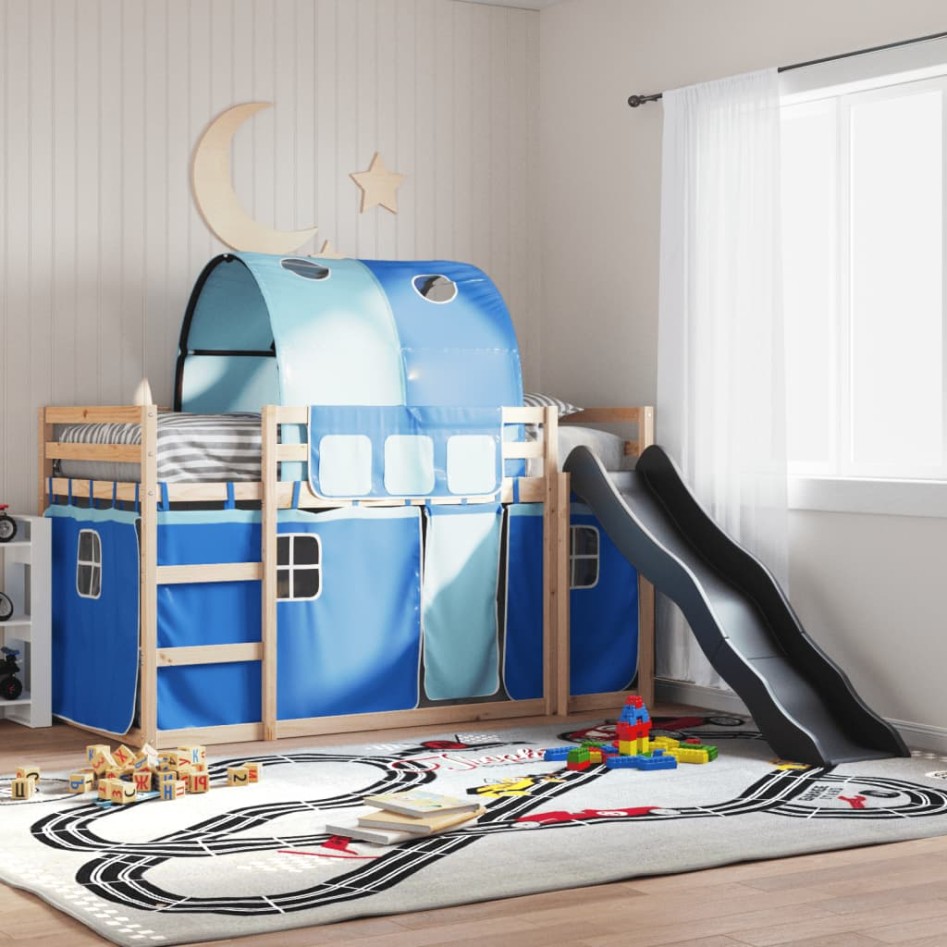 Litera con tobogán y cortinas azul 90x200