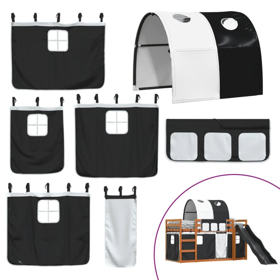 Litera con tobogán y cortinas blanco y negro 90x200