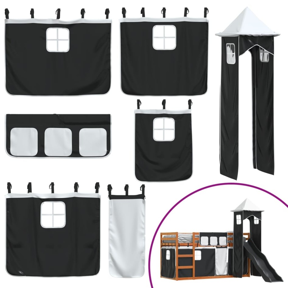 Litera con tobogán y cortinas blanco y negro 90x190