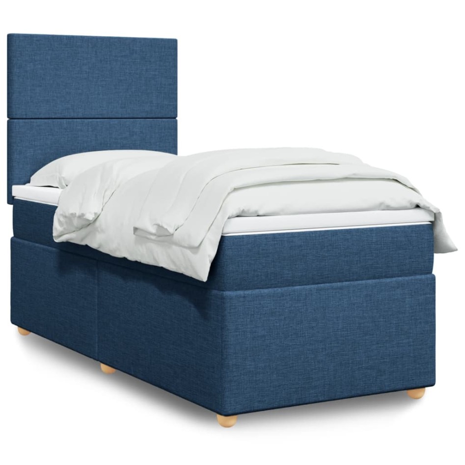 Cama box spring con colchón tela azul 90x200