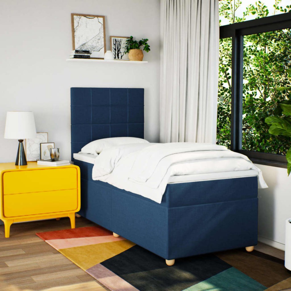 Cama box spring con colchón tela azul 90x200
