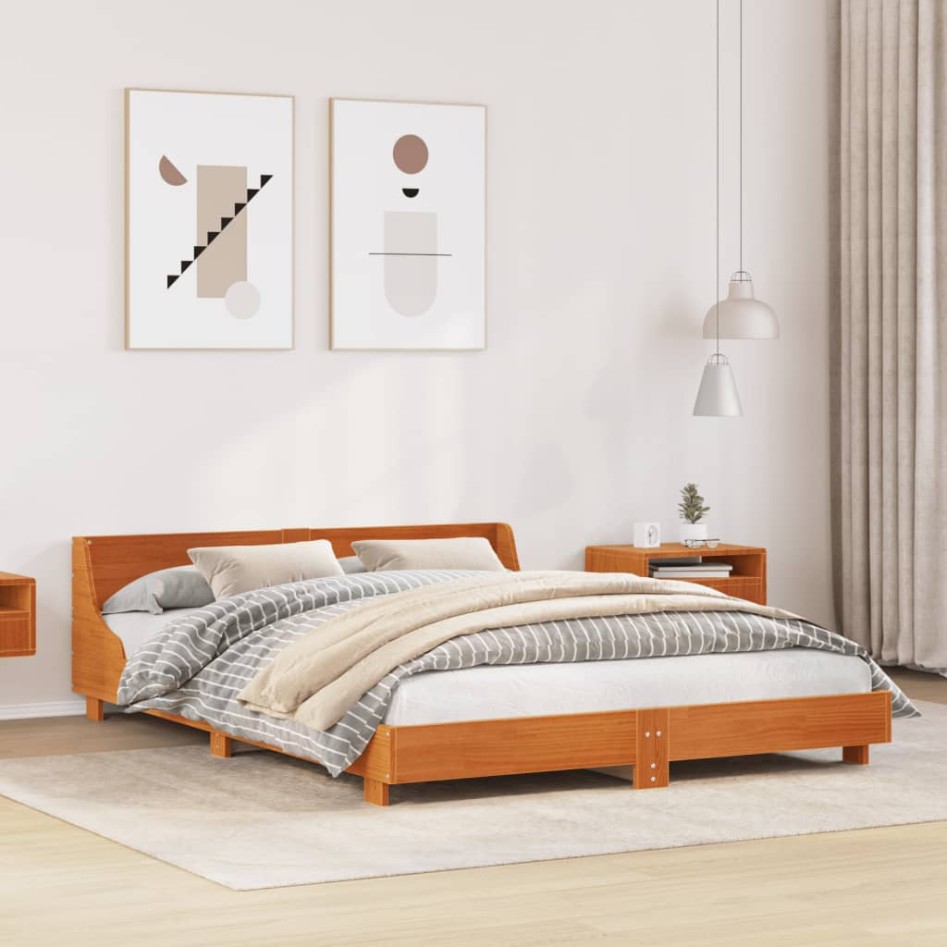 Cama sin colchón madera maciza de pino marrón cera 140x190