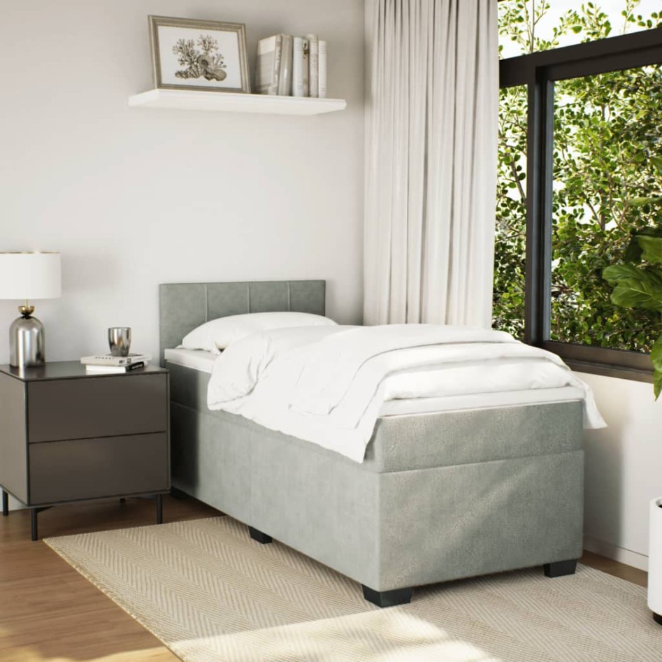 Cama box spring con colchón terciopelo gris claro 100x200