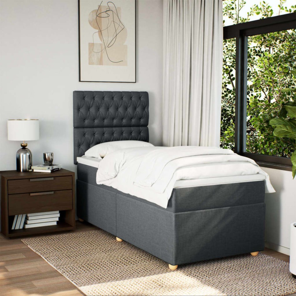 Cama box spring con colchón tela gris oscuro 90x190