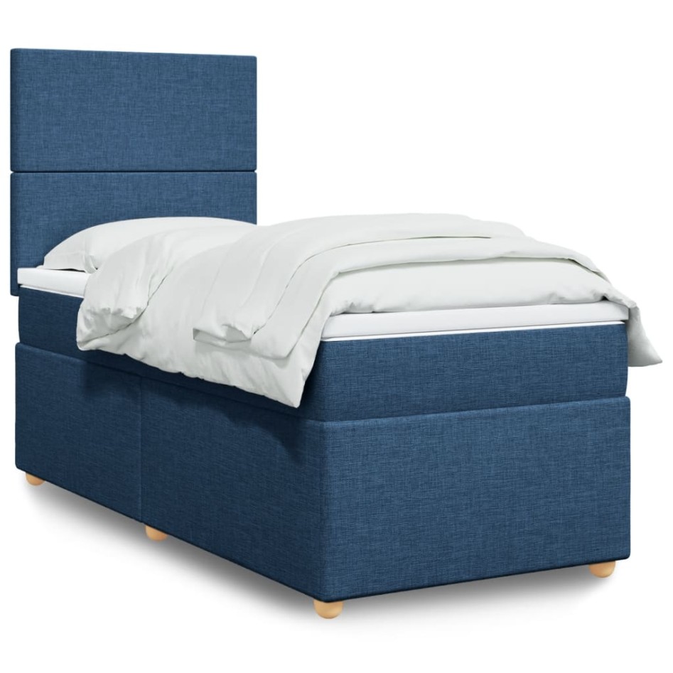 Cama box spring con colchón tela azul 90x200