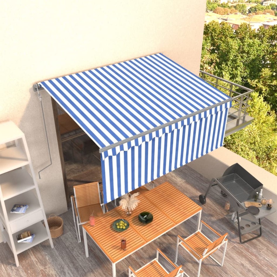 Toldo automático retráctil con persiana azul y blanco