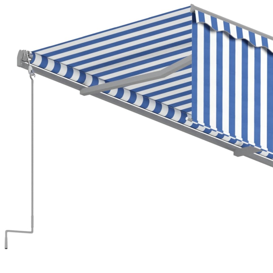 Toldo automático retráctil con persiana azul y blanco