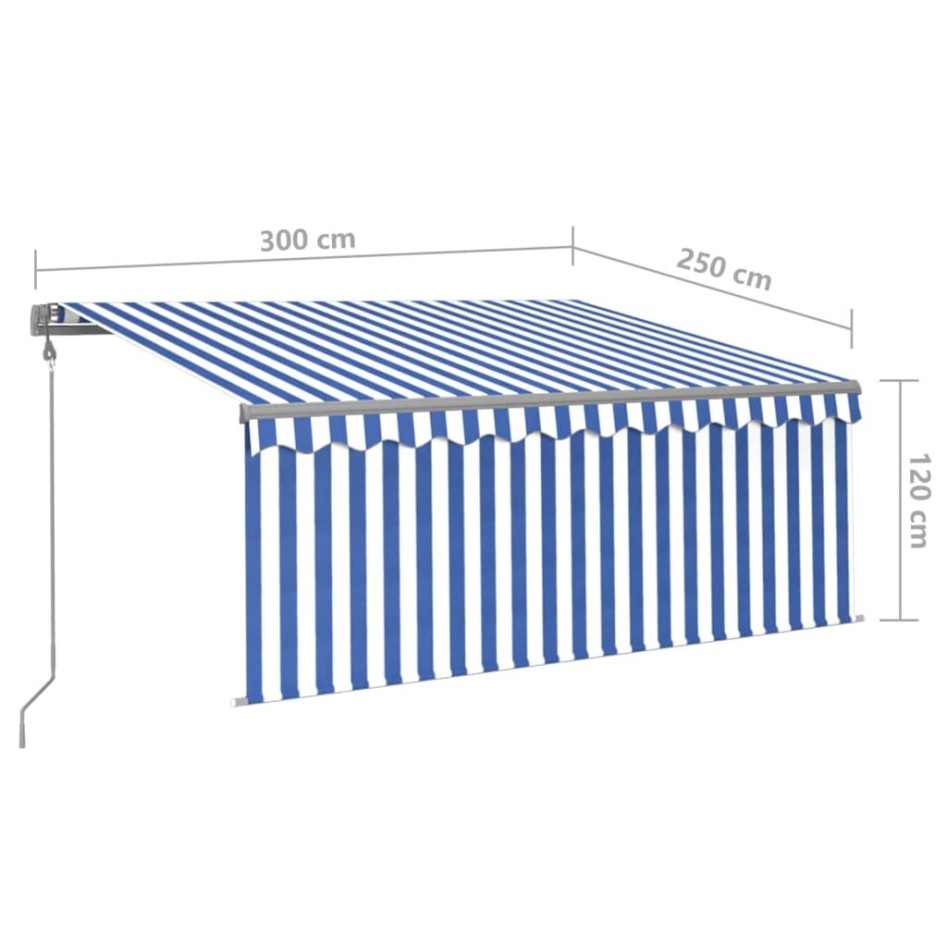 Toldo automático retráctil con persiana azul y blanco