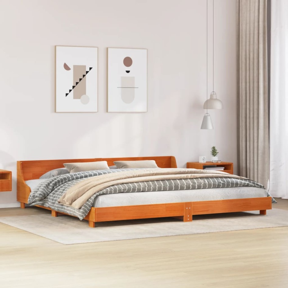 Cama sin colchón madera maciza de pino marrón cera 180x200