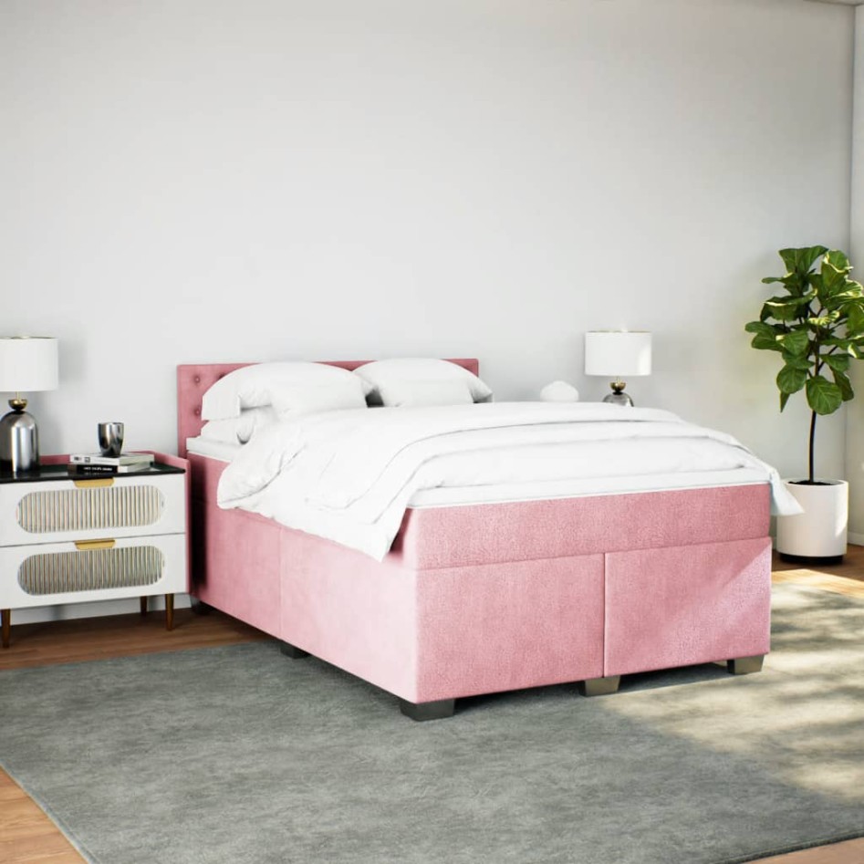 Cama box spring con colchón terciopelo rosa 160x200
