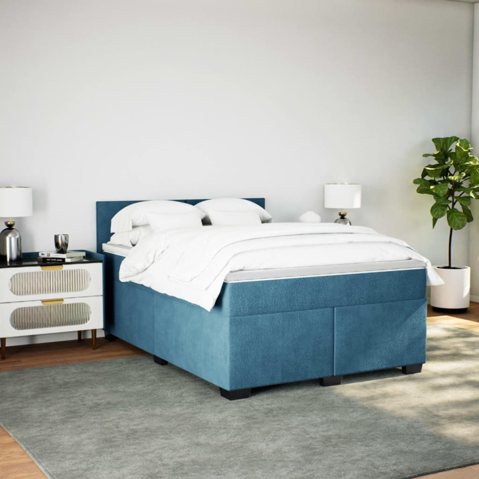 Cama box spring con colchón terciopelo azul 160x200