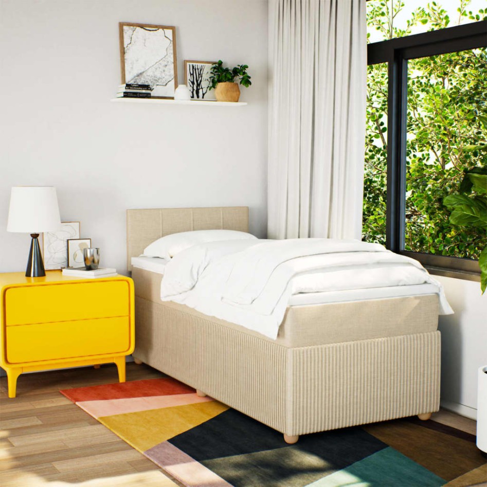 Cama box spring con colchón tela color crema 90x190