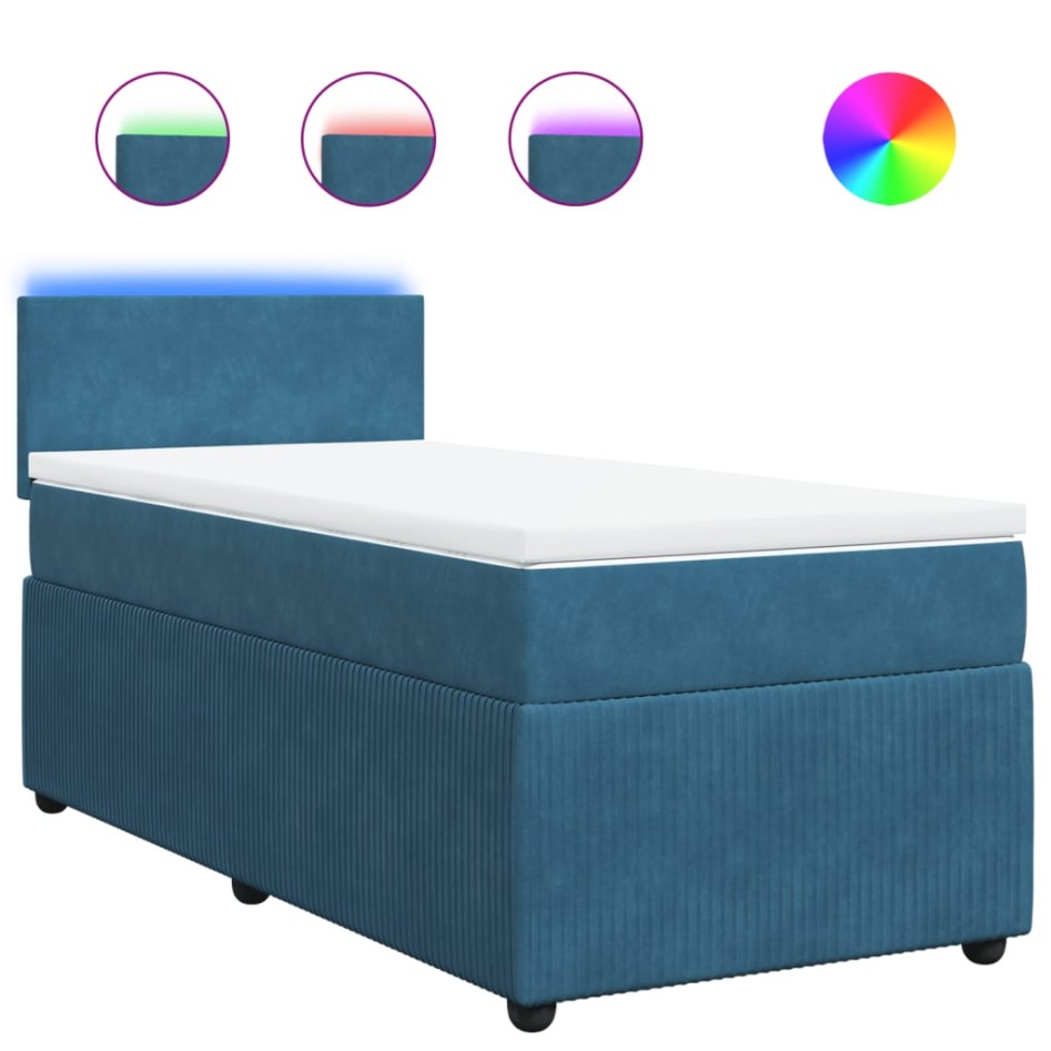 Cama box spring con colchón terciopelo azul 90x190