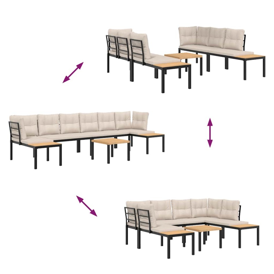 Set sofás jardín y cojines 5 pzas acero recubierto polvo