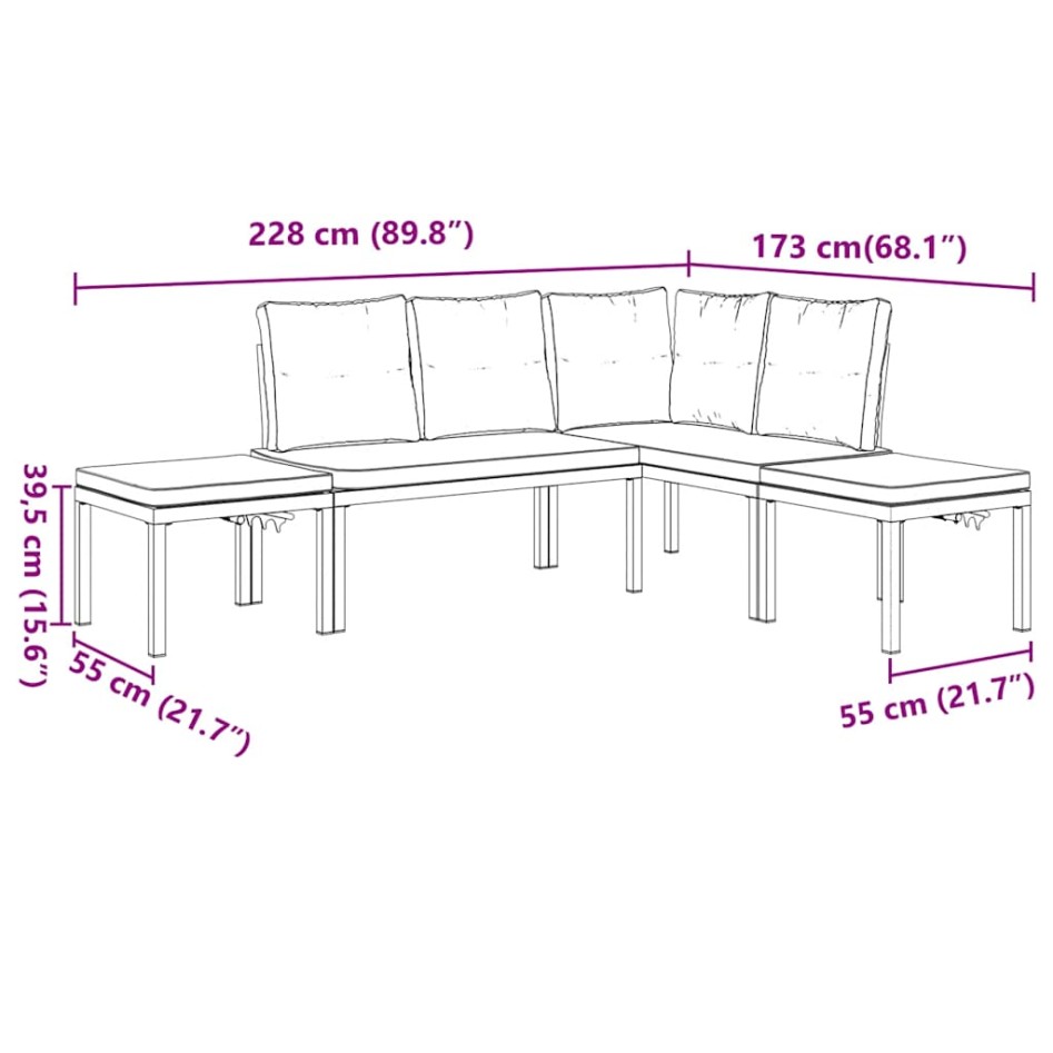 Set sofás jardín y cojines 4 pzas acero recubierto polvo