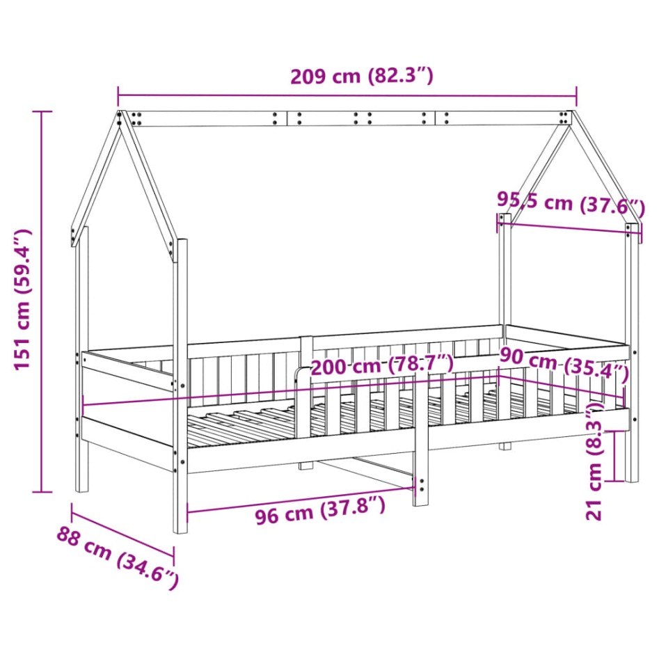 Cama con forma de casa de niños madera maciza blanca 90x200