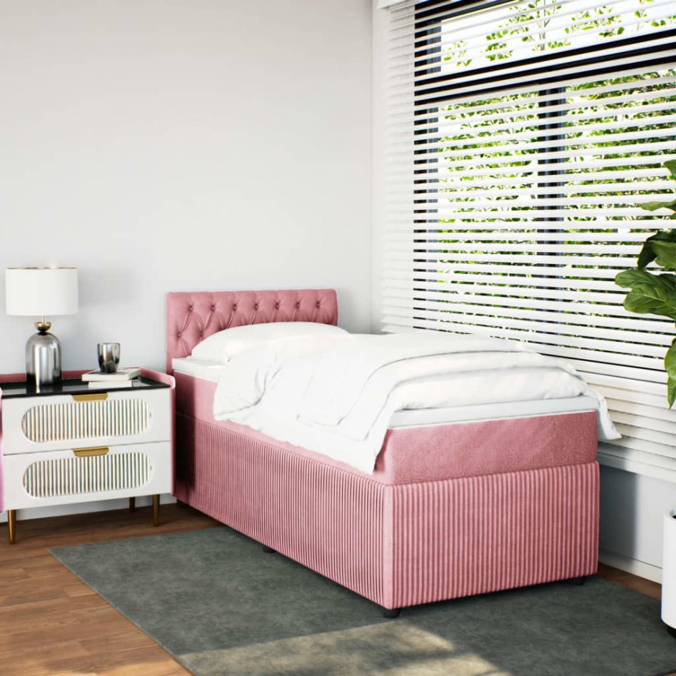 Cama box spring con colchón terciopelo rosa 90x190