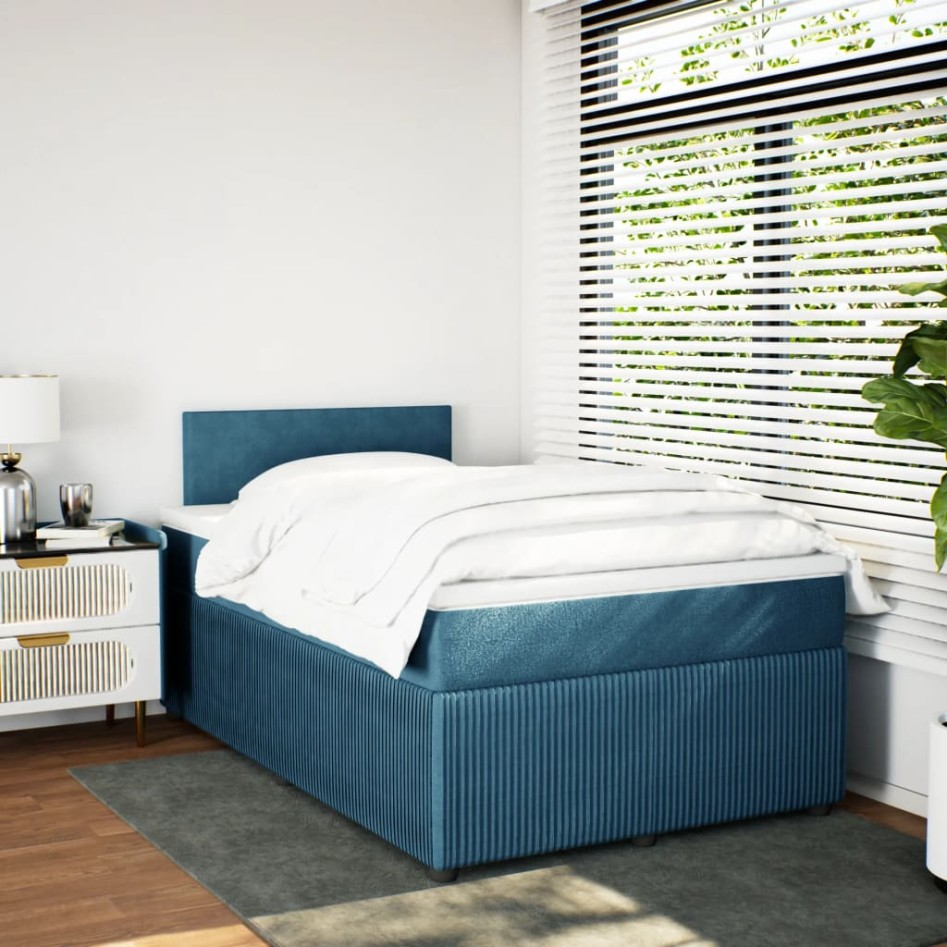 Cama box spring con colchón terciopelo azul 120x190