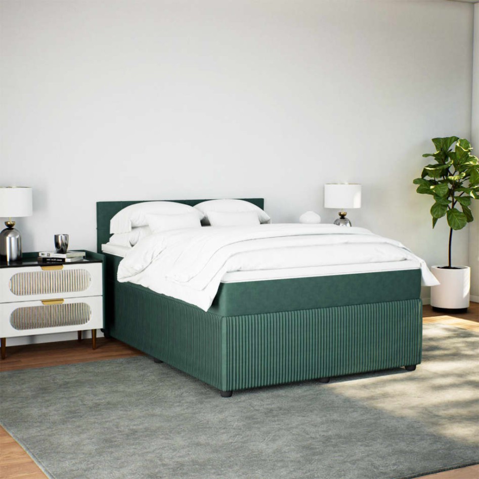 Cama box spring con colchón terciopelo verde oscuro 140x190