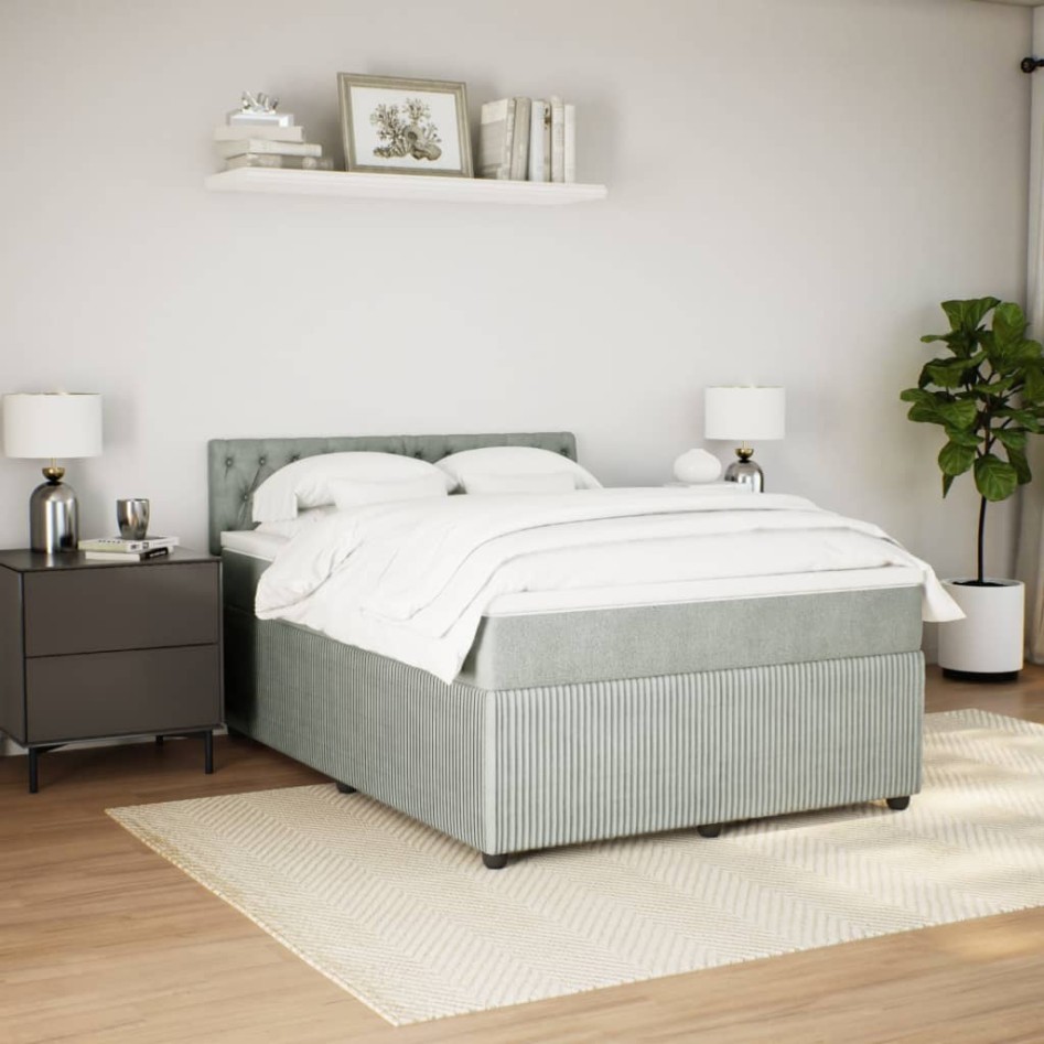 Cama box spring con colchón terciopelo gris claro 140x190