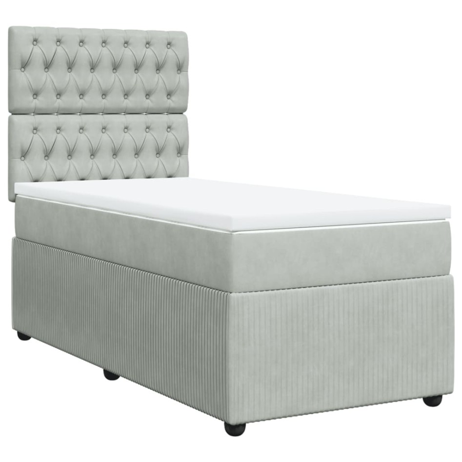 Cama box spring con colchón terciopelo gris claro 100x200