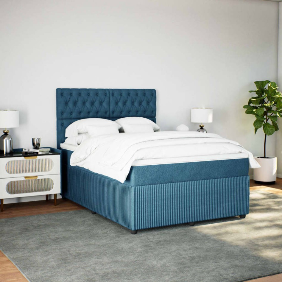 Cama box spring con colchón terciopelo azul 140x190