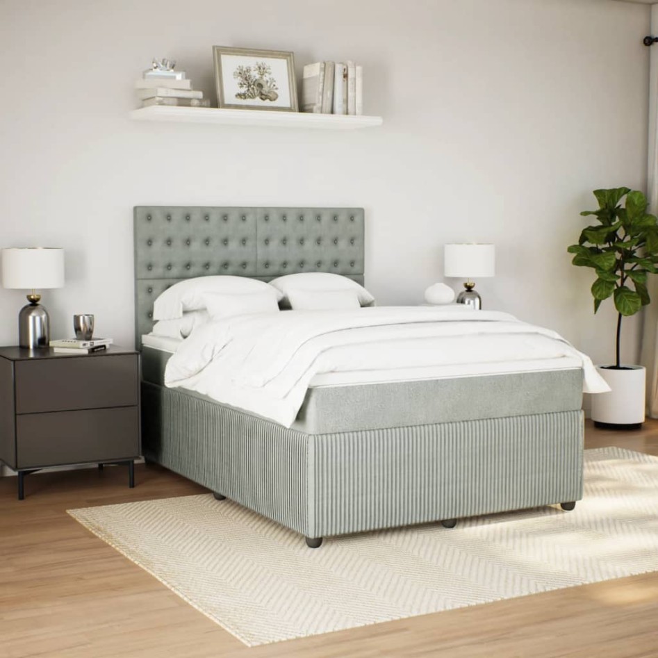 Cama box spring con colchón terciopelo gris claro 140x190