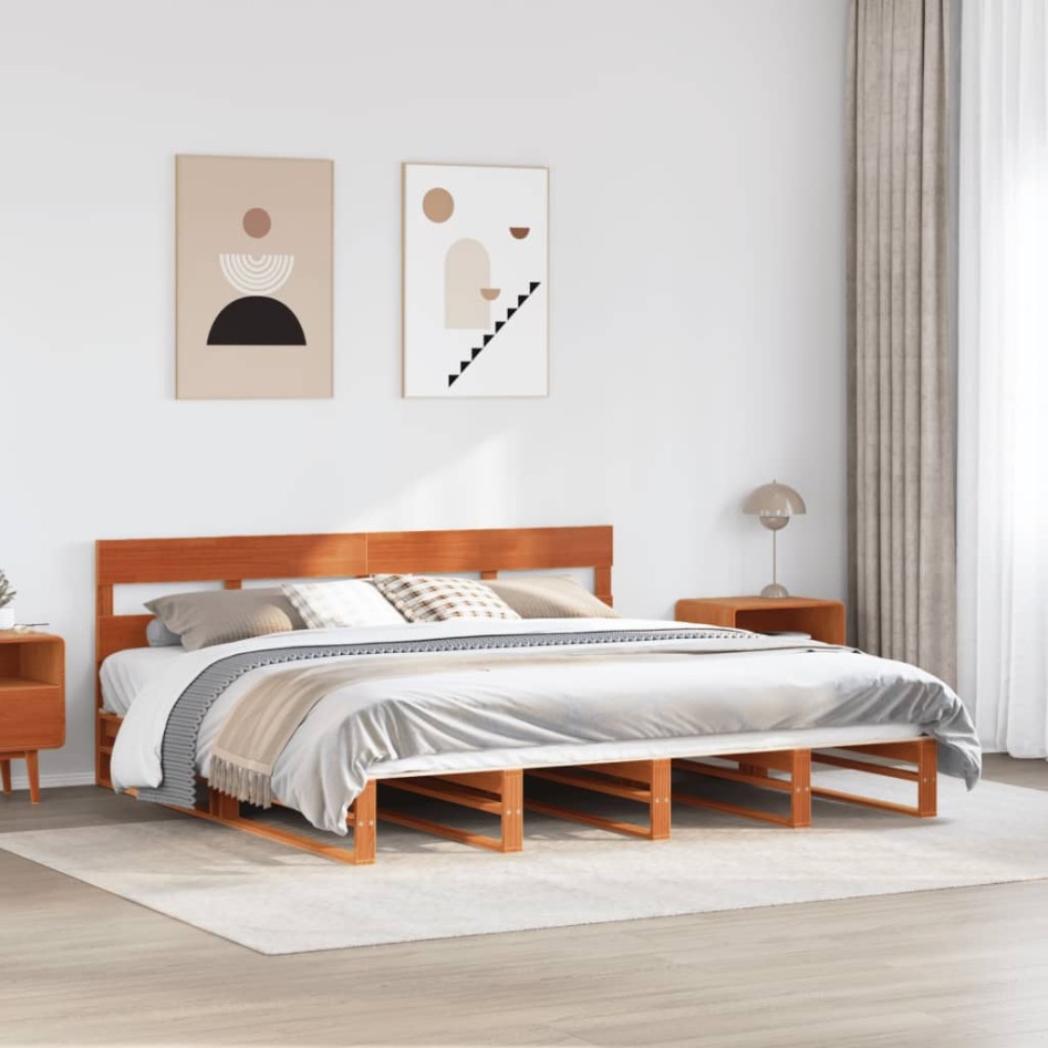 Cama sin colchón madera maciza de pino marrón cera 200x200