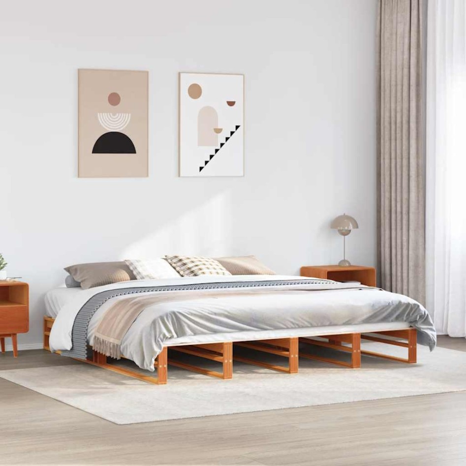 Cama sin colchón madera maciza de pino marrón cera 180x200