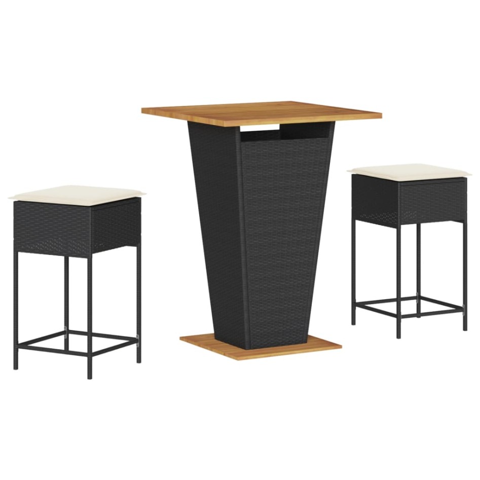 Mesa y taburetes altos jardín 3 piezas y cojines ratán PE