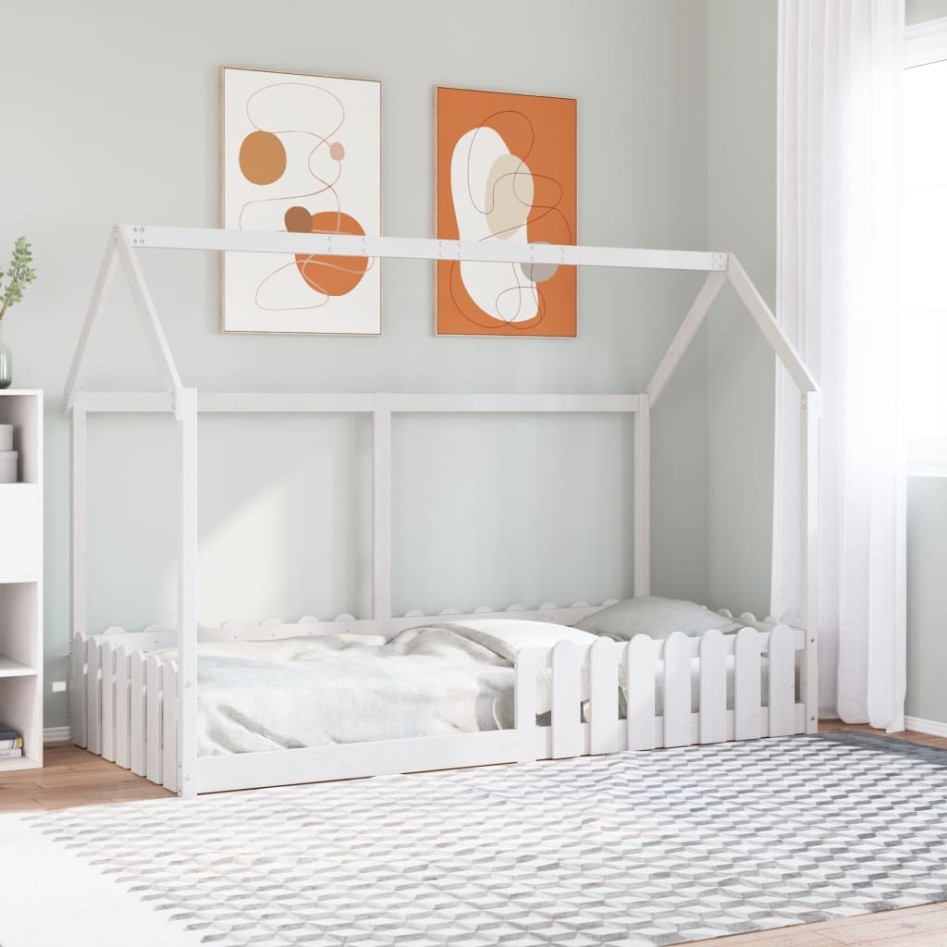 Cama con forma de casa de niños madera maciza blanca 90x190