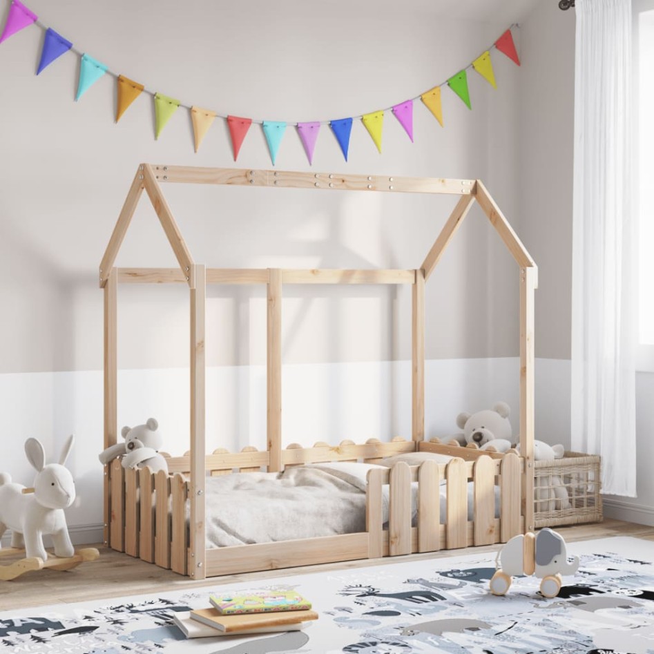 Cama con forma de casa de niños madera maciza marrón 70x140