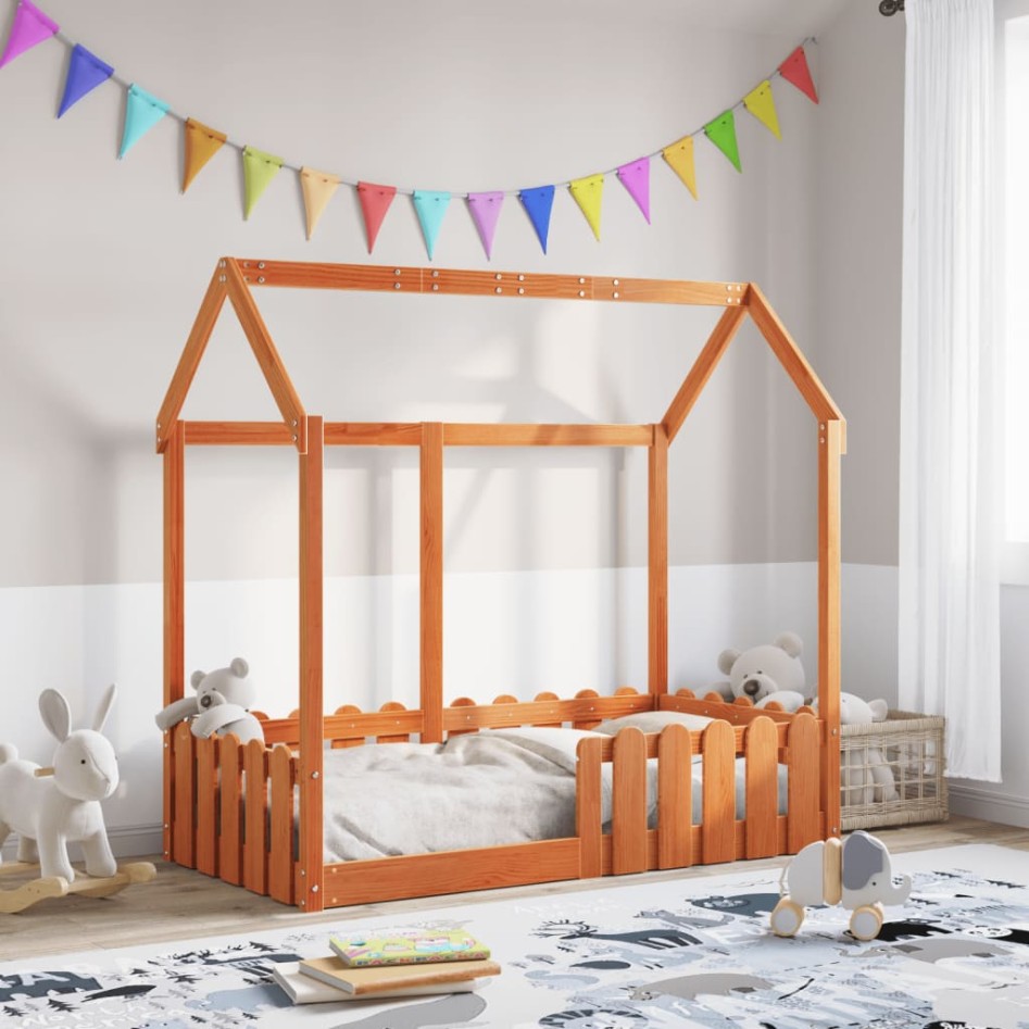 Cama con forma de casa de niños madera maciza marrón 70x140
