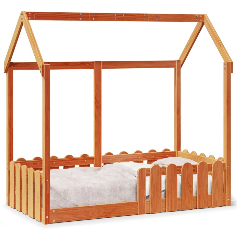 Cama con forma de casa de niños madera maciza marrón 70x140