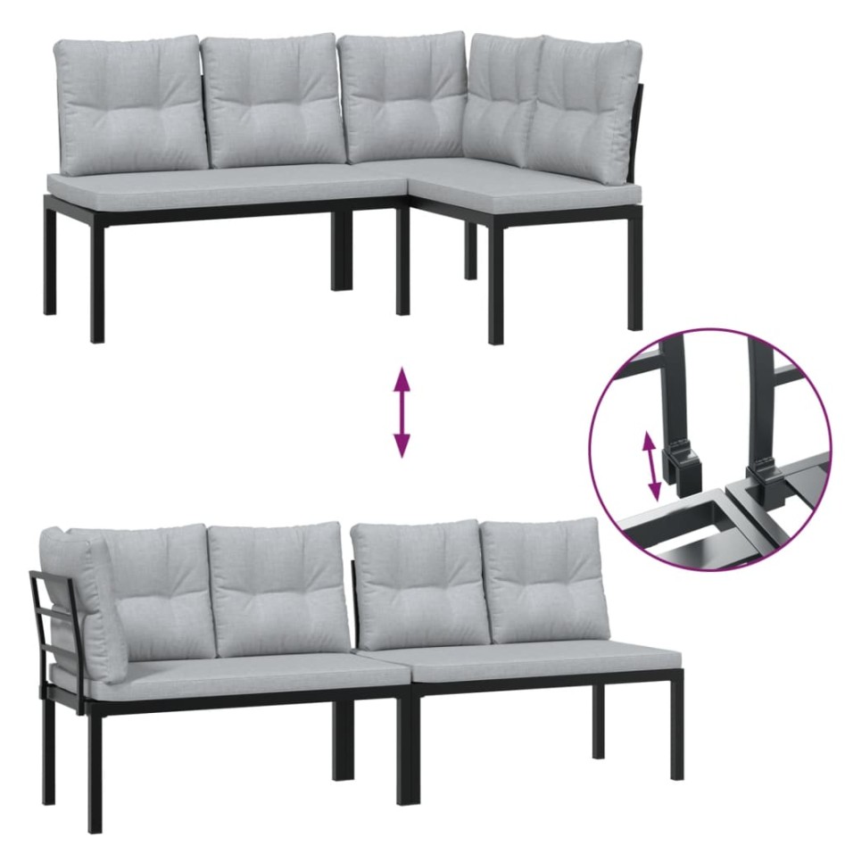 Bancos de jardín cojines 3 pzas acero recubrimiento polvo